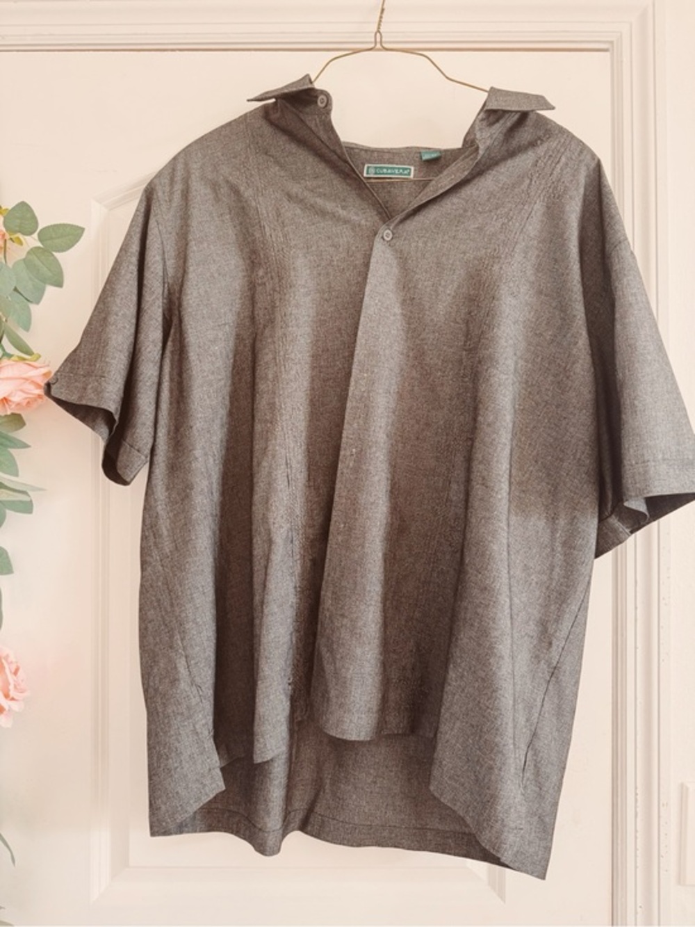 Cubavera Gray Short-Sleeve Button Shirt with Teal Label